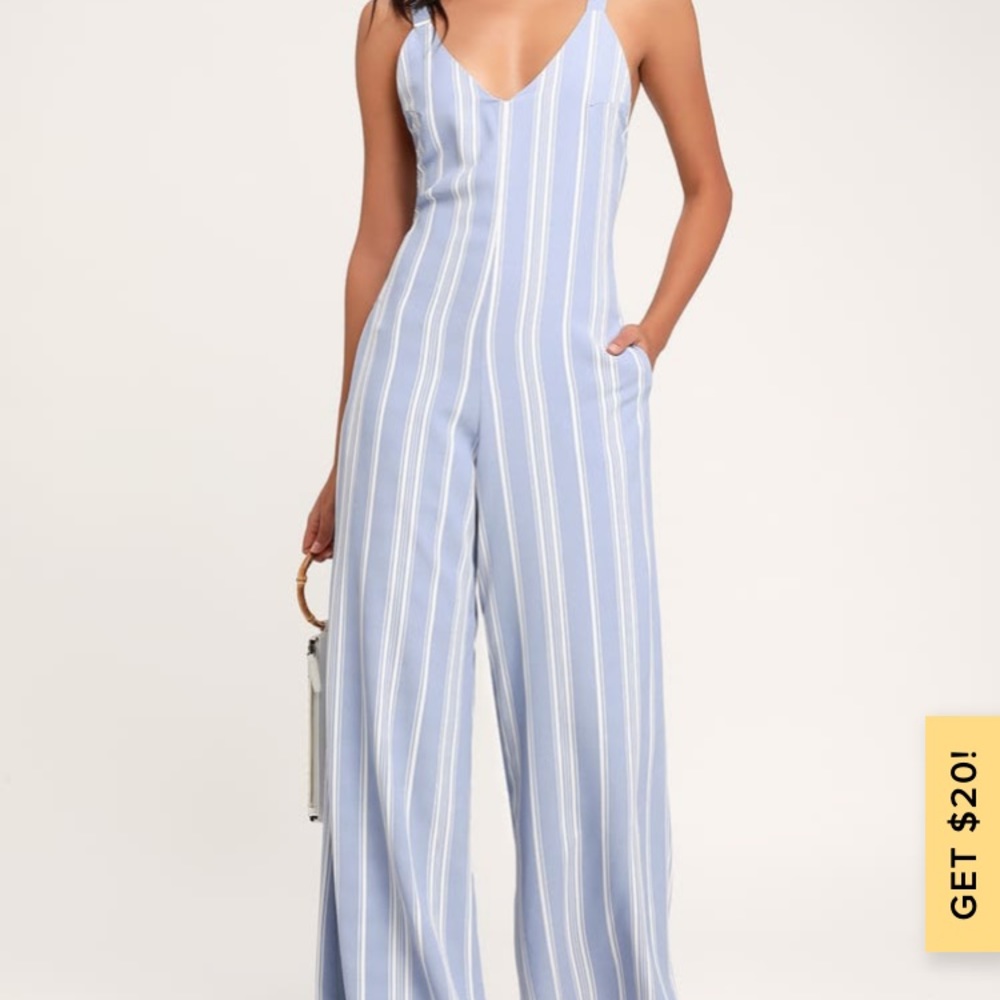 NWT LULU’S NICOLA BLUE WHITE STRIPED PANT JUMPSUIT